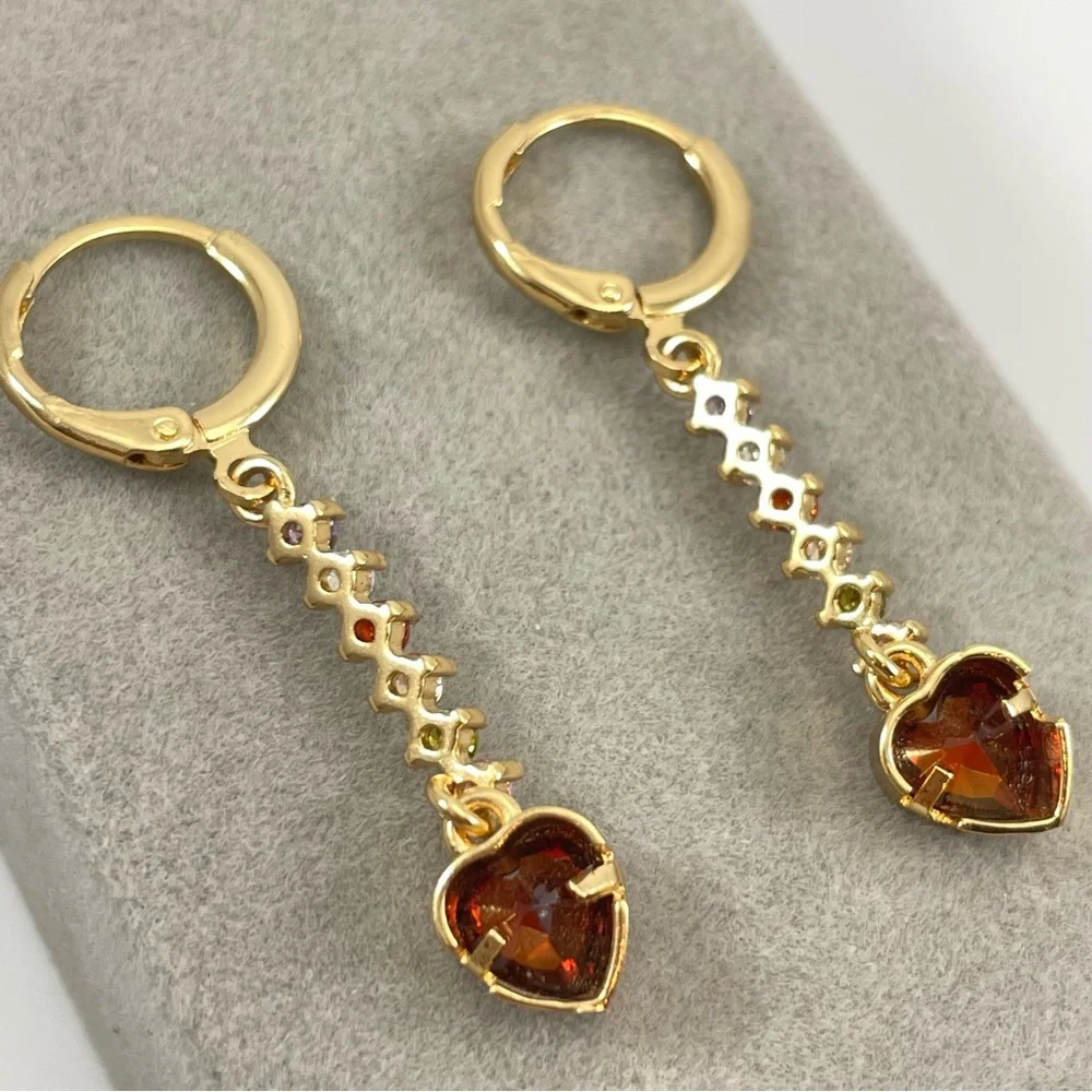 Cute Unsigned Gold Tone Red Pink Purple Rhinestone Heart Hoop Dangle Earrings